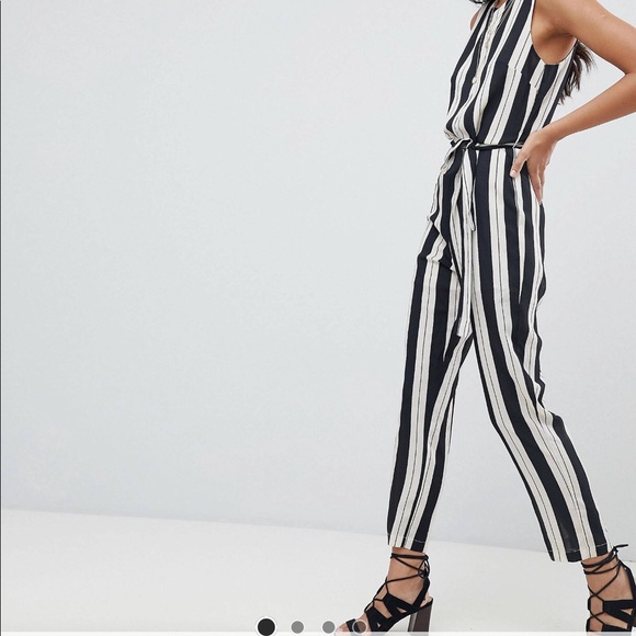 black and white vertical striped jumpsuit